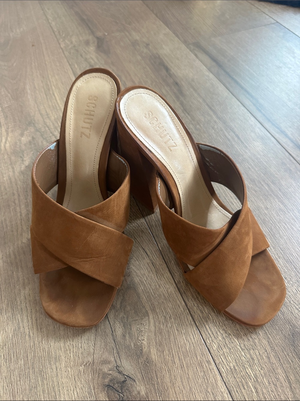 SCHUTZ Tan Suede Cross-Strap Block Heel Mules